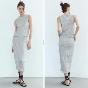 NWT Zara Silver Metallic Sparkle Semi-Sheer Midi Skirt